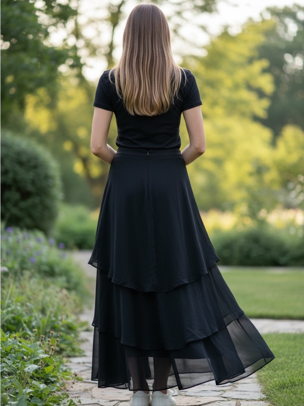 Women’s Black Layered High-Low Chiffon Skirt - Picture 2 of 7